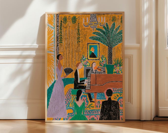 Elegant Piano Concert Wall Art Print, French Salon Painting, Classical Music Room Decor, Vintage European Interior Canvas Art