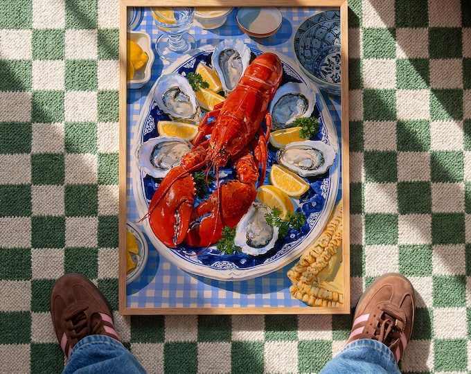 Coastal Seafood Wall Art Print, Lobster & Oyster Still Life Painting, Nautical Kitchen Decor, Mediterranean Dinner Canvas Art