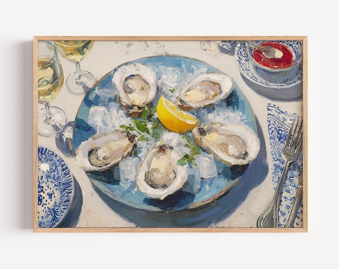 Impasto Oyster Plate Wall Art Print, Coastal Kitchen Seafood Canvas, Preppy Beach House Framed Wall Art, Summer Dining Room Decor
