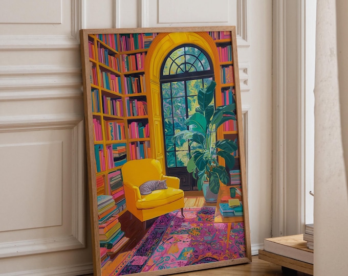 Impressionist Bookshelf Art, Textured Impasto Print, Sunlit Room with Plant Canvas, Colorful Eclectic Decor, Cozy Interior Wall Art