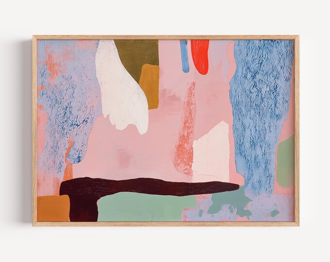 Modern Abstract Pastel Pink Wall Art, Colorful Organic Shapes Print, Large Textured Contemporary Painting, Mid Century Gallery Wall Decor