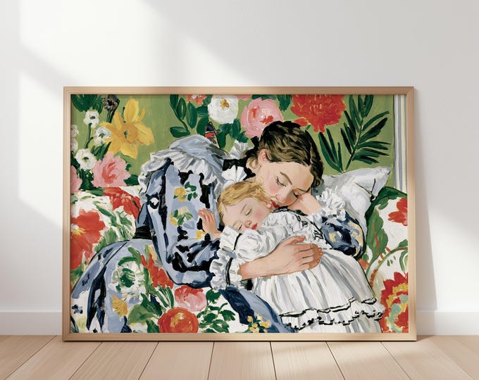 Mother Daughter Wall Art Print, Motherhood Oil Painting, Colorful Figurative Art, Mom & Child Portrait, Family Wall Decor, Mothers Day Gift