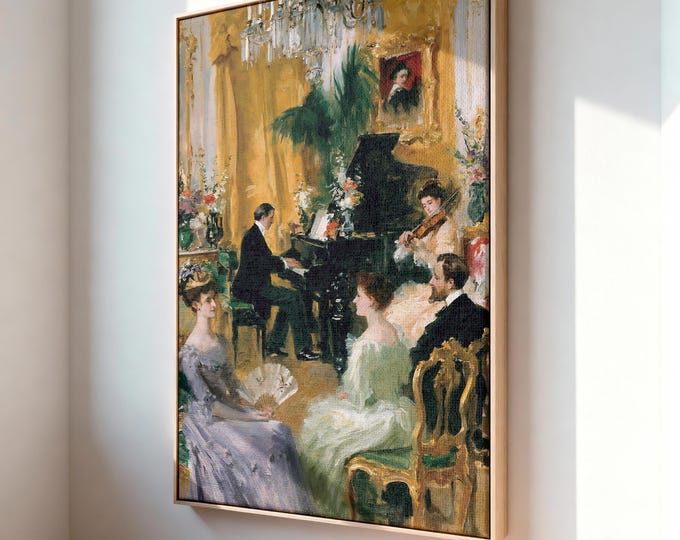 Elegant Piano Concert Wall Art Print, French Salon Painting, Classical Music Room Decor, Vintage European Interior Canvas Art