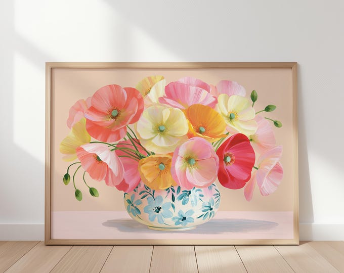 Colorful Poppy Flower Wall Art Print, Floral Vase Painting, Vintage Botanical Art, Cottagecore Wall Decor, Spring Flower Print