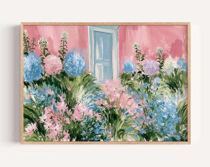 Pink House Wall Art Print, Hydrangea Flower Garden Painting, Cottage Garden Wall Decor, Impressionist Floral Canvas Art