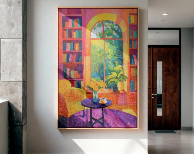 Impressionist Bookshelf Art, Textured Impasto Print, Sunlit Room with Plant Canvas, Colorful Eclectic Decor, Cozy Interior Wall Art
