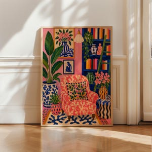 Maximalist Pink Room Oil Painting Print, Colorful Interior Wall Art, Eclectic Preppy Decor, Cozy Reading Nook Framed Canvas image 11