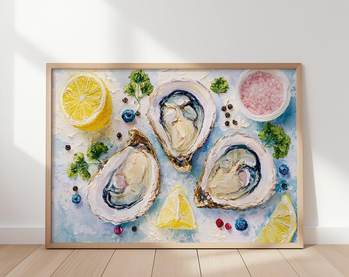Oyster Wall Art Print, Coastal Kitchen Decor, French Seafood Painting, Lemon & Sea Salt Canvas, Mediterranean Dining Room Wall Art