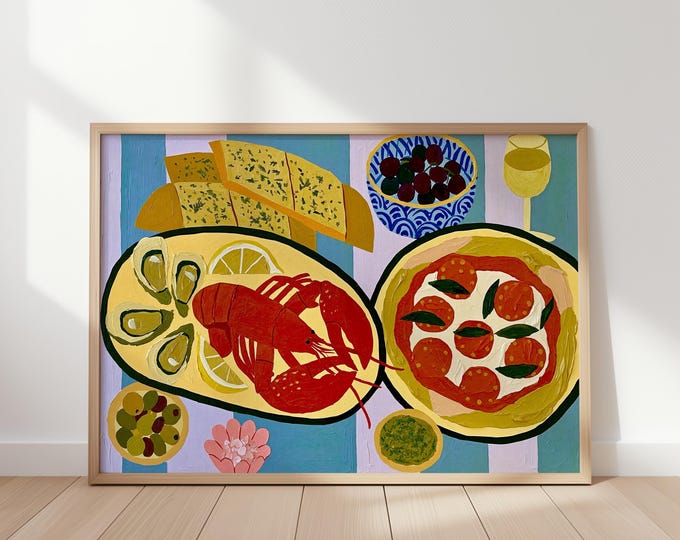 Coastal Italian Food Wall Art Print, Lobster Oyster Pizza Mediterranean Kitchen Decor, Blue White Stripe Seafood Painting, French Bistro Art
