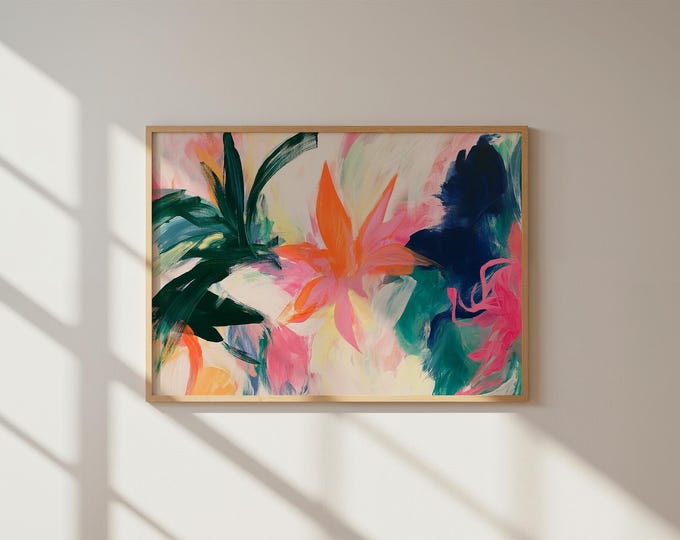 Colorful Abstract Floral Wall Art Print, Pink Green Blue Botanical Painting, Modern Flower Canvas Art, Large Living Room Decor