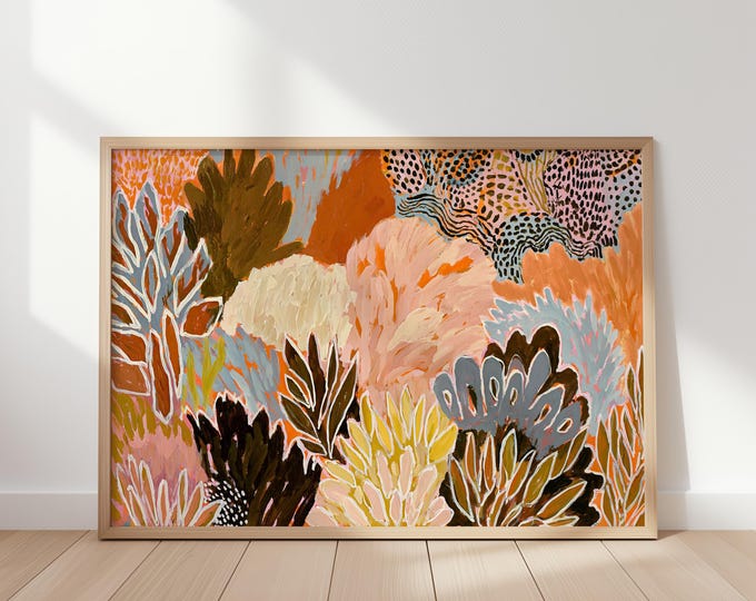 Colorful Abstract Botanical Wall Art Print, Maximalist Eclectic Decor, Vibrant Tropical Jungle Painting, Leopard Print Contemporary Art