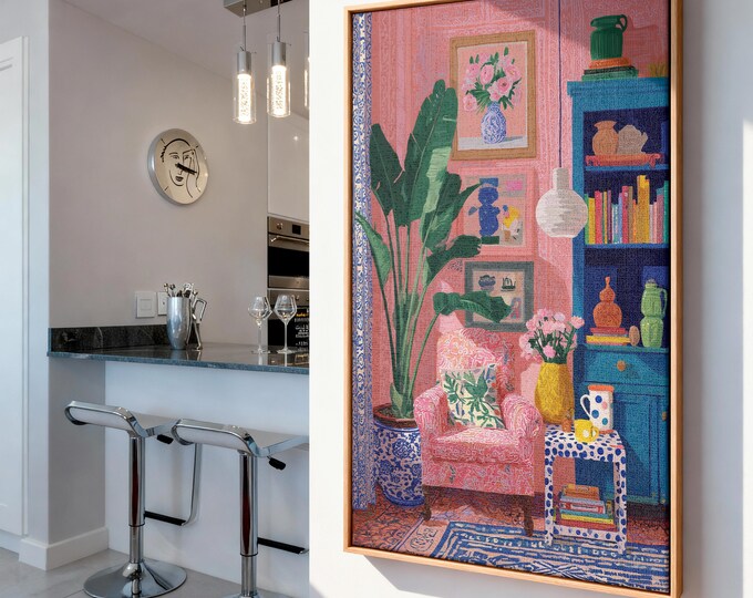 Maximalist Pink Room Oil Painting Print, Colorful Interior Wall Art, Eclectic Preppy Decor, Cozy Reading Nook Framed Canvas