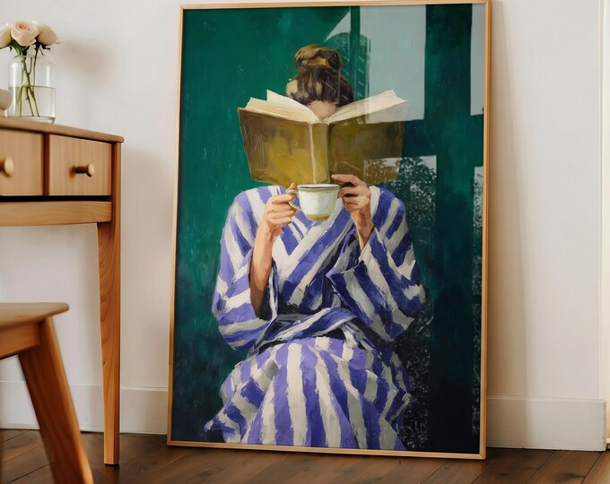 Green Oil Painting Print, Woman Reading Art, Vintage Style Wall Art, Cozy Aesthetic Canvas, Bedroom Decor, Soft Feminine Wall Decor