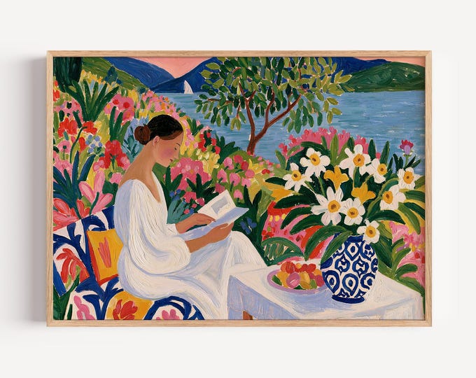 Floral Woman Wall Art Print, Colorful Garden Painting, Cottagecore Wall Decor, Spring Flower Art, Feminine Portrait, Vintage Garden Decor