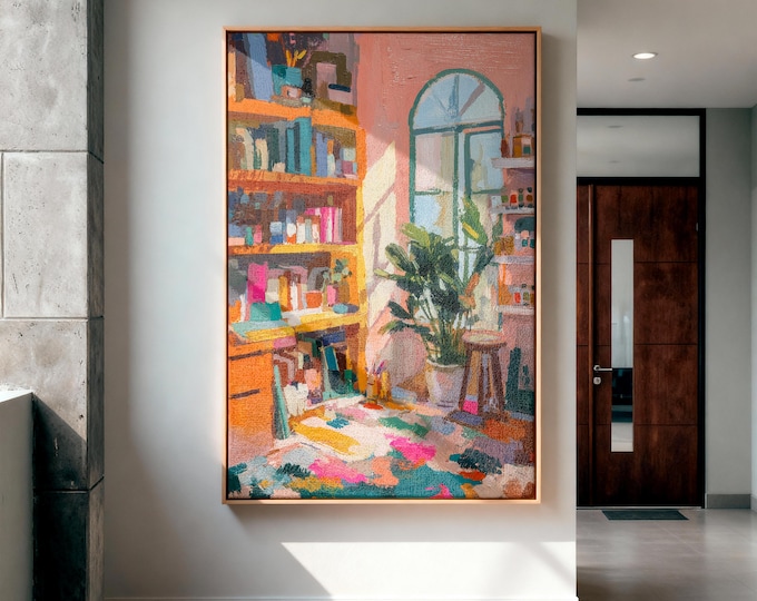 Impressionist Bookshelf Art, Textured Impasto Print, Sunlit Room with Plant Canvas, Colorful Eclectic Decor, Cozy Interior Wall Art