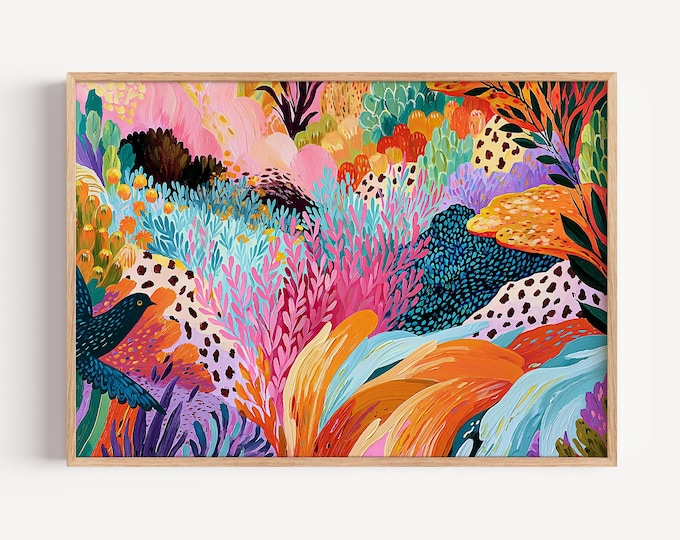 Colorful Abstract Landscape Wall Art Print, Maximalist Eclectic Home Decor, Funky Floral Painting, Vibrant Dopamine Artwork, Boho Arts