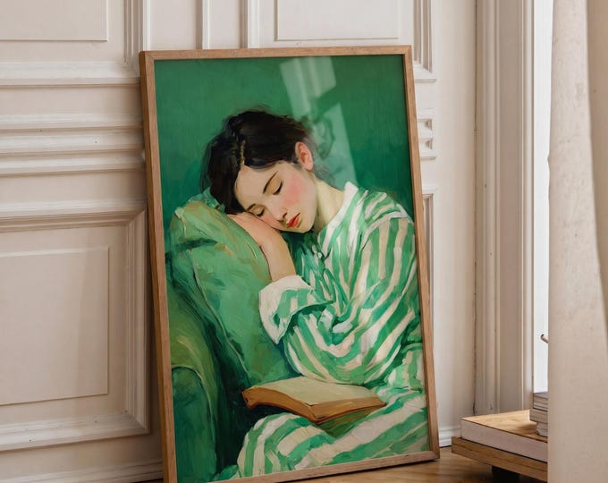 Green Oil Painting Print, Woman Reading Art, Vintage Style Wall Art, Cozy Aesthetic Canvas, Bedroom Decor, Soft Feminine Wall Decor