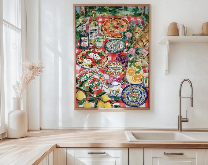 Italian Summer Oil Painting Print, Pizza Caprese Wine Wall Art Print, Amalfi Coastal Kitchen Decor, Mediterranean Dining Room Art