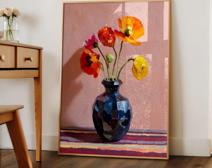 Colorful Floral Oil Painting Print, Poppy Flowers in Blue Vase Wall Art, Pink Preppy Room Decor, Dopamine Decor Framed Canvas