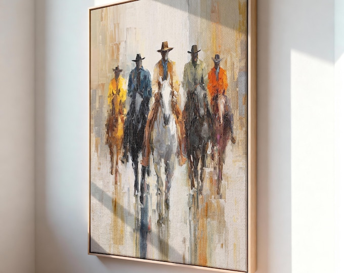 Cowboys on Horses Oil Painting Print, Western Wall Art, Impressionist Equestrian Framed Canvas, Rustic Southwestern Decor