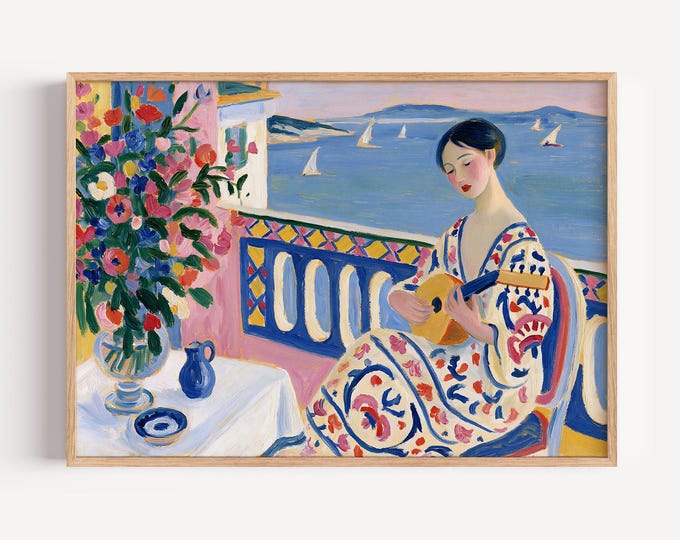 Woman Playing Guitar Wall Art, Mediterranean Coastal Print, Colorful Folk Art, Seaside Woman Painting, Vintage Inspired Decor