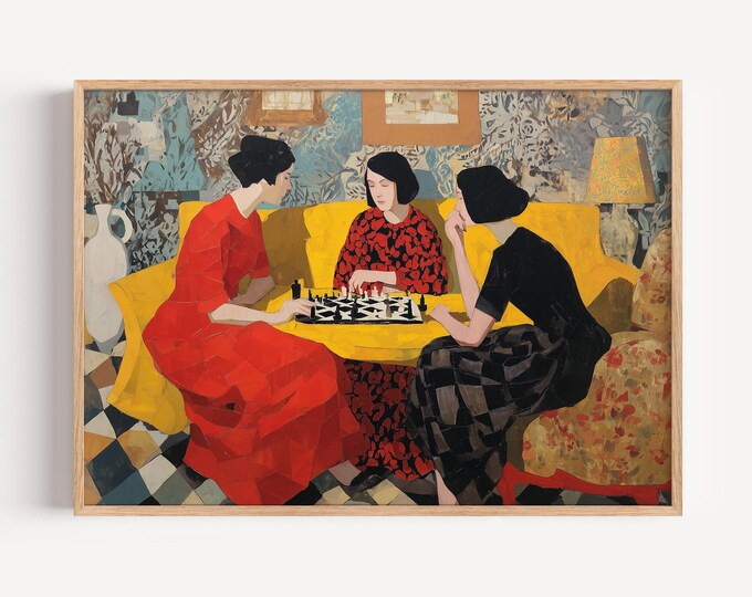 Women Playing Chess Painting, Post-Impressionist Art Print, Vintage Style Interior Decor, Yellow Room, Cozy Domestic Scene Wall Art