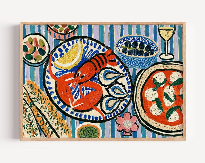 Coastal Italian Food Wall Art Print, Lobster Oyster Pizza Mediterranean Kitchen Decor, Blue White Stripe Seafood Painting, French Bistro Art