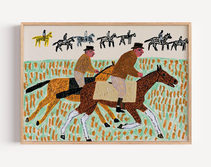 Horse Racing Wall Art Print, Equestrian Painting, Jockey Horse Race Art, Colorful Folk Art, Vintage Horse Decor, Country Farmhouse Wall Art