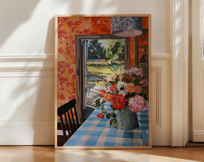 Maximalist Red Room Window View Oil Painting Print, French Country Interior Art, Colorful Preppy Decor, Framed Canvas