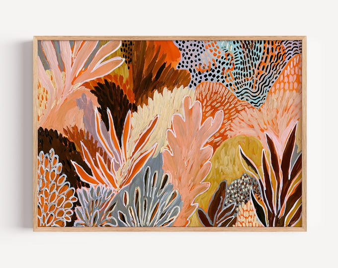 Colorful Abstract Botanical Wall Art Print, Maximalist Eclectic Decor, Vibrant Tropical Jungle Painting, Leopard Print Contemporary Art