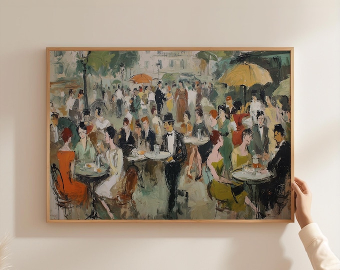 Vintage French Cafe Wall Art, Parisian Bistro Painting, Mid Century Modern Crowd Print, Abstract Outdoor Cafe Poster, Dining Room Decor