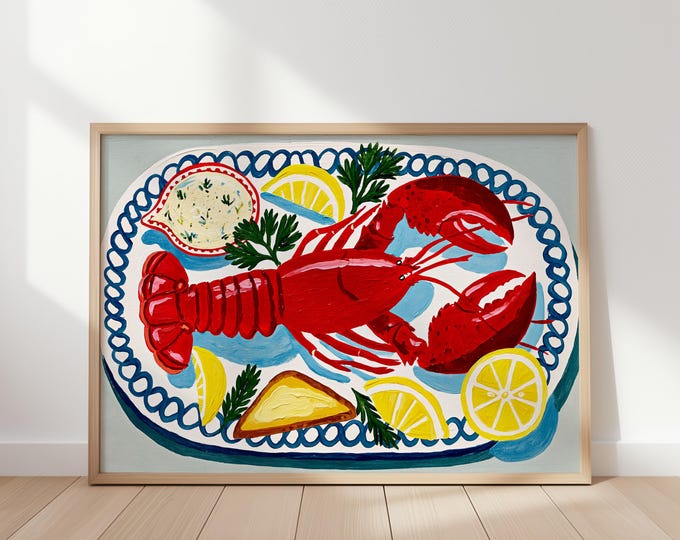 Coastal Lobster Wall Art Print, Nautical Kitchen Decor, French Seafood Painting, Lemon Lobster Canvas, Coastal Cottage Wall Decor