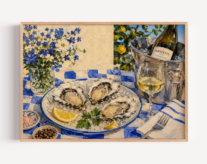 French Oyster Wall Art Print, Coastal Kitchen Decor, Blue Check Table Painting, Seafood Canvas Art, Coastal Dining Room Wall Decor