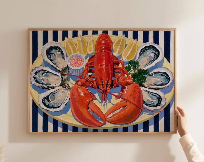 Lobster Wall Art Print, Coastal Kitchen Decor, Oyster Seafood Painting, Blue White Stripe Nautical Wall Art, French Bistro Canvas