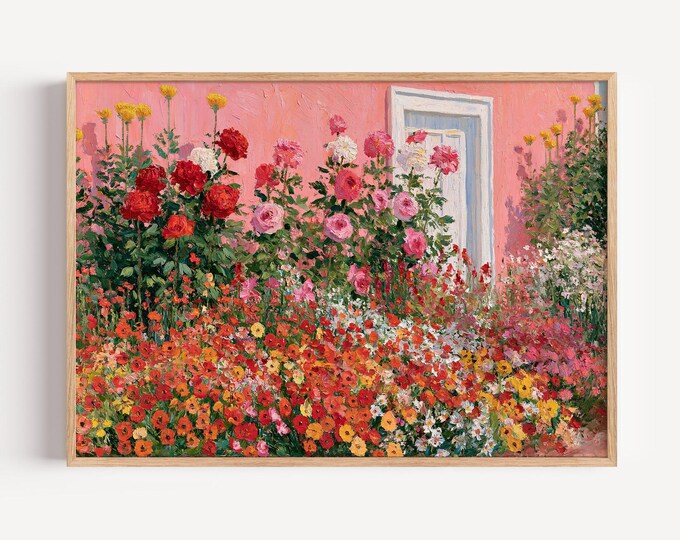 Pink House Wall Art Print, Hydrangea Flower Garden Painting, Cottage Garden Wall Decor, Impressionist Floral Canvas Art