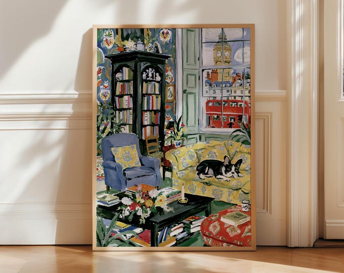 Cozy London Living Room Wall Art with French Bulldog, Big Ben Red Bus Canvas Print, English Cottage Decor, Floral Wallpaper Painting Print