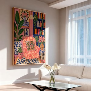 Maximalist Pink Room Oil Painting Print, Colorful Interior Wall Art, Eclectic Preppy Decor, Cozy Reading Nook Framed Canvas image 14