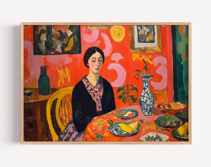 Red Dining Room Art, Vibrant Woman Portrait, Fauvist Still Life, Colorful Kitchen Decor, Wall Art Print, Fine Art Canvas Reproduction