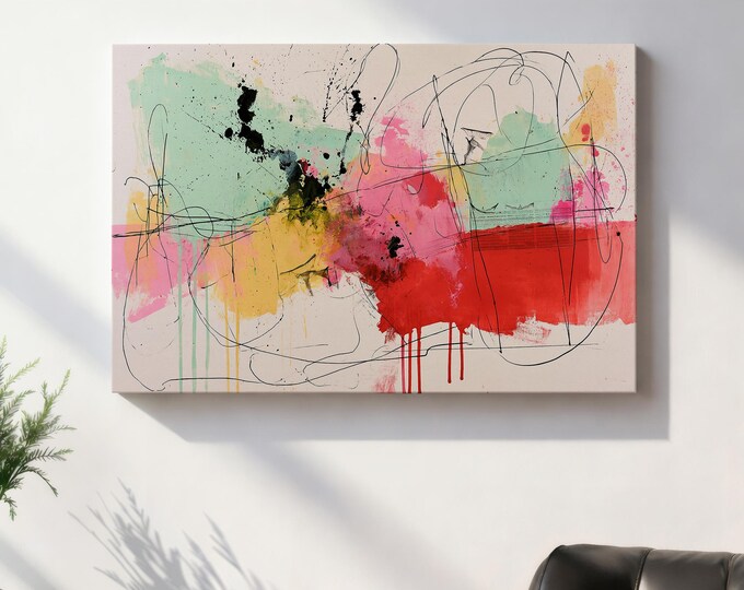 Abstract Wall Art Print, Red Yellow Abstract Painting, Modern Expressionist Art, Contemporary Wall Decor, Mid Century Modern Art