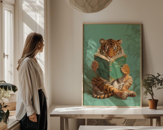 Tiger Reading Wall Art Print, Motivational Animal Wall Art, Funny Bookworm Decor, Library Office Study Wall Art, Vintage Tiger Art Gift
