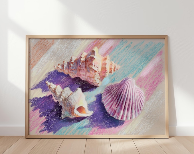 Pastel Seashell Wall Art Print, Coastal Beach House Canvas, Impasto Shell Painting Framed Wall Art, Pink and Purple Ocean Decor