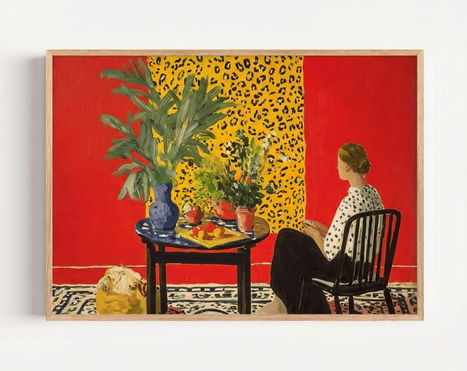 Fauvism Art Print, Woman in Leopard Dress, Maximalist Red Room Decor, Bold Colorful Painting, Boho Eclectic Wall Art, Trendy Illustration