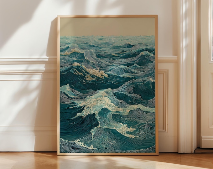 Japanese Woodblock Wave Print, Linocut Ocean Poster, Japandi Wall Art, Vintage Coastal Decor, Teal and Beige Sea Artwork, Nautical Art