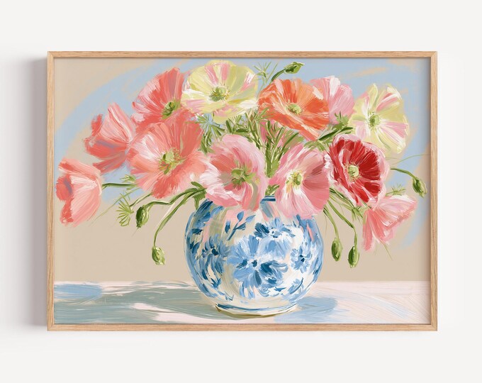 Colorful Poppy Flower Wall Art Print, Floral Vase Painting, Vintage Botanical Art, Cottagecore Wall Decor, Spring Flower Print