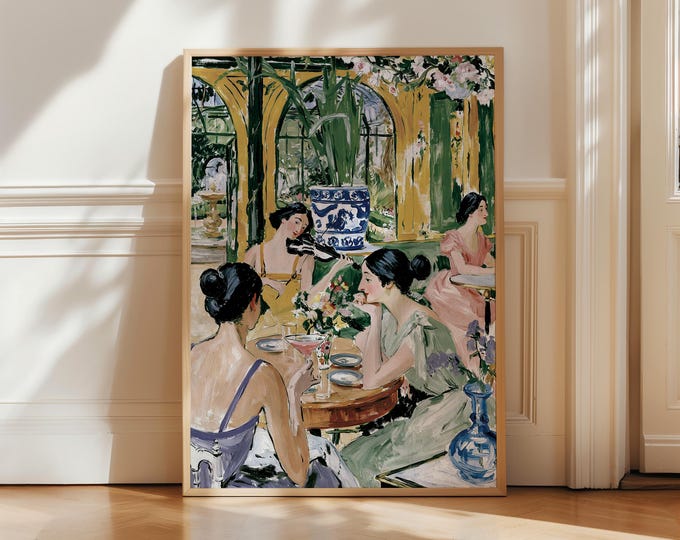 Elegant French Cafe Wall Art Print, Paris Tea Room Painting, Violin Music Art, Chinoiserie Blue White Vase Decor, Romantic Canvas