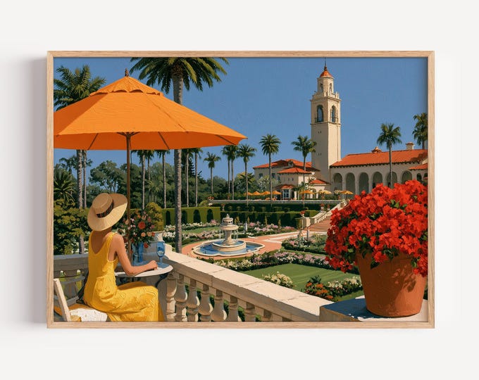 Palm Beach Wall Art Print, Luxury Resort Landscape, Mediterranean Villa Painting, Coastal Garden Decor, Elegant Summer Travel Artwork