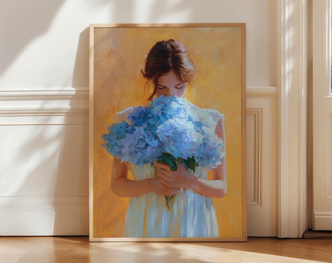 Blue Hydrangea Oil Painting Girl Holding Flowers Wall Art, Impressionist Woman Portrait Print, Aesthetic Floral Decor, Sun-drenched Fine Art
