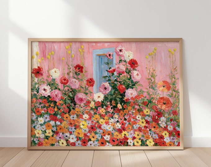 Pink House Wall Art Print, Hydrangea Flower Garden Painting, Cottage Garden Wall Decor, Impressionist Floral Canvas Art