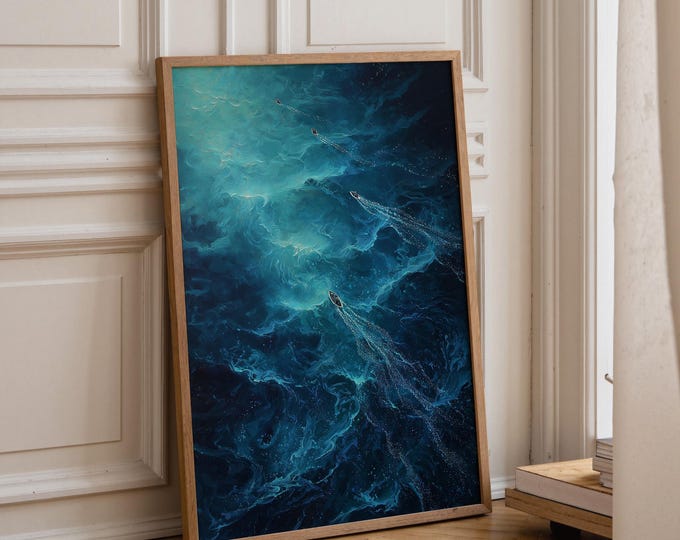 Bioluminescent Kayak Wall Art, Glowing Blue Water Painting, Starry Night Canoe Print, Magical River Art, Mystical Ocean Room Decor