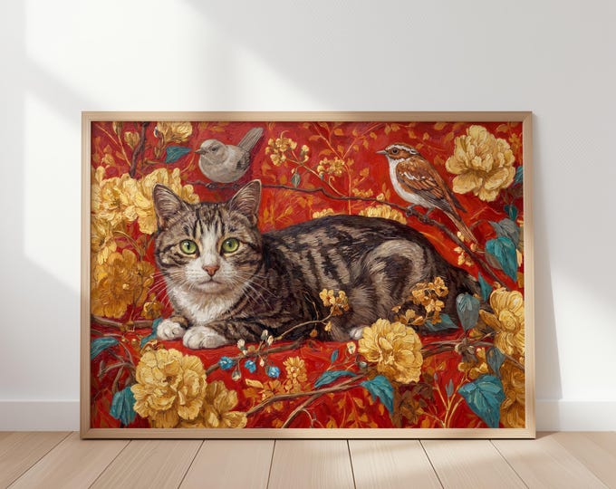 William Morris Style Cat Oil Painting Print, Maximalist Red Floral Wall Art, Tabby Cat and Birds Framed Canvas, Eclectic Decor